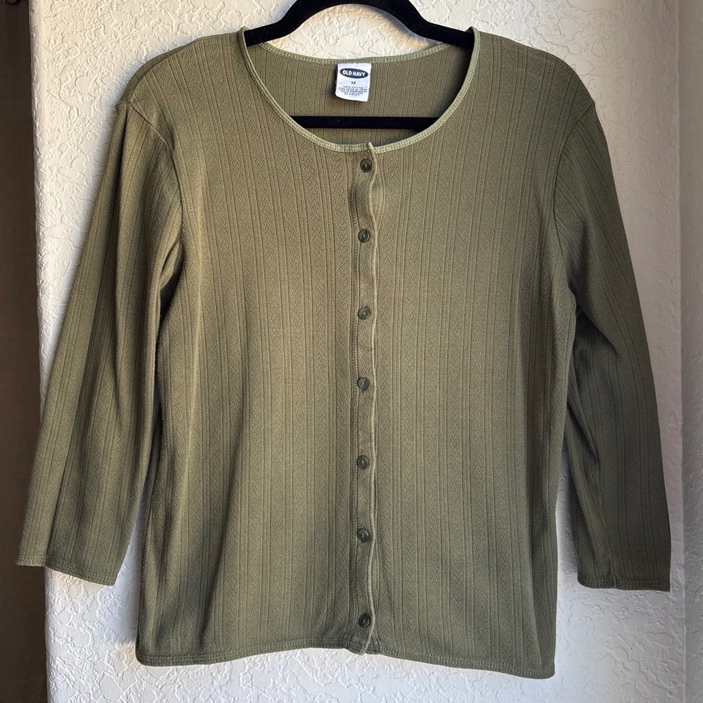 Old Navy Women M Y2K Cardigan Olive Green 3/4 Sleeve Cotton Ribbed Pointelle
